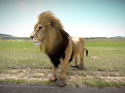 Majestic Male Lion With Thick Mane Standing On Green Grassland 3d model