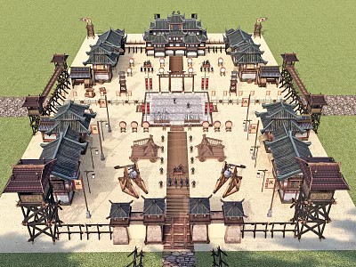 Traditional Weapons On Racks In Ancient Martial Arts Training Ground With Classic Architecture 3d model