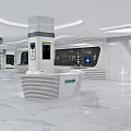 Modern Exhibition Hall Interior With White Curved Pillar Marble Floor And Display Wall