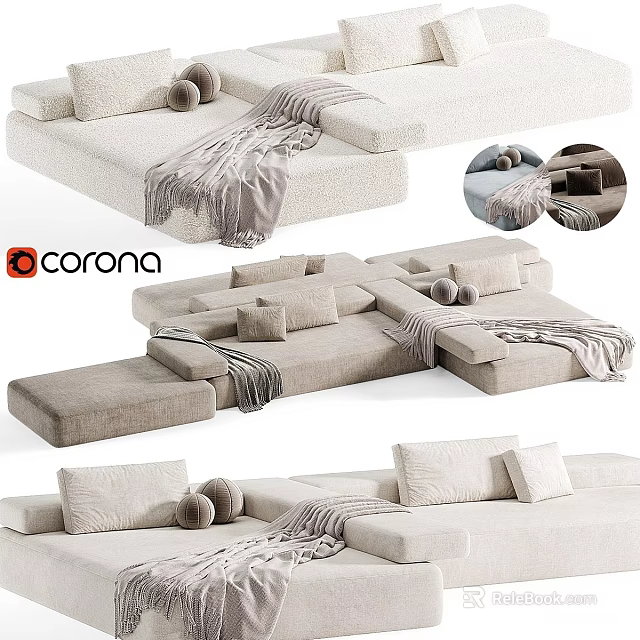 Modern Beige Modular Sectional Sofa With Soft Cushions And Throw Blanket 3d model 