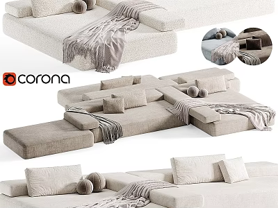 Modern Beige Modular Sectional Sofa With Soft Cushions And Throw Blanket 3d model