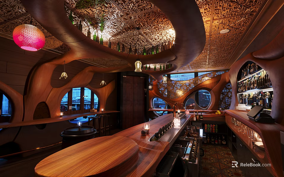 Elegant Bar Interior With Wooden Counter Curved Ceiling And Decorative Lighting 3d model 