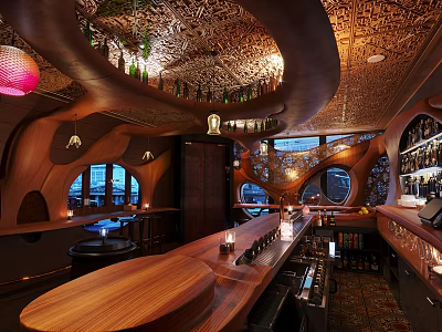 Elegant Bar Interior With Wooden Counter Curved Ceiling And Decorative Lighting 3d model
