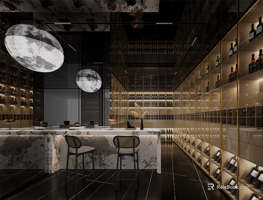 Modern Entertainment Room Interior With Moon Lights Bar Counter And Wine Racks 3d model 