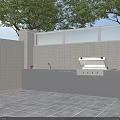 Outdoor Kitchen Design With Light Colored Brick Wall Gray Cabinets And Built In Grill
