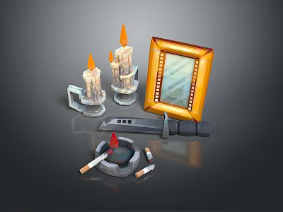 Golden Picture Frame With Candles Candle Holders Knife Ashtray And Cigarettes 3d model