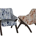 Modern Accent Chairs With Blue White And Brown White Patterned Upholstery And Wooden Curved Legs