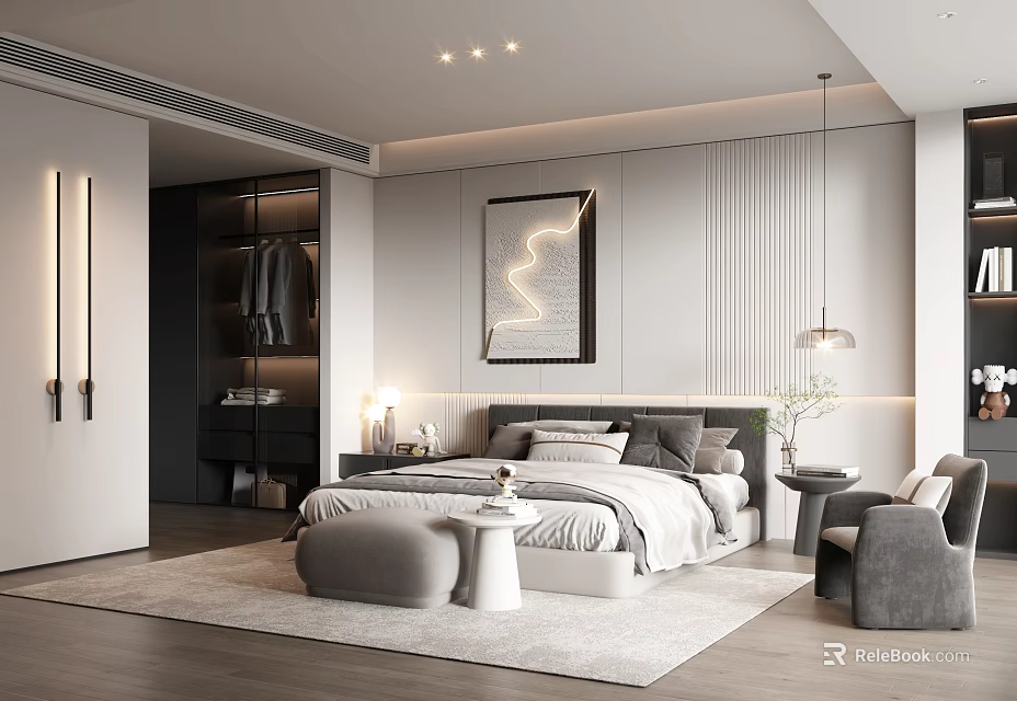 Modern Bedroom Interior With Bed Nightstand Grey Armchair Decorative Painting And Pendant Light 3d model 