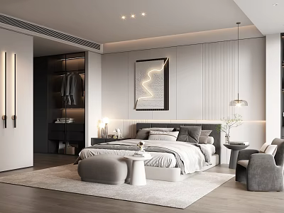 Modern Bedroom Interior With Bed Nightstand Grey Armchair Decorative Painting And Pendant Light 3d model