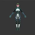 Human Character In Blue White Black Combat Suit With Helmet Standing On Gray Reflective Surface