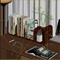 Wooden Bookshelf on Desk with Books Decorative Figurines Plant and Stationery