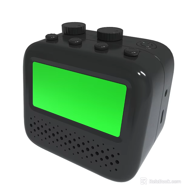 Black Electronic Device With Green Screen Control Buttons And Speaker Grills 3d model 