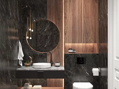 Stylish Luxury Bathroom Interior With Round Vanity Mirror Dark Marble Walls And Warm Wood Decor 3d model