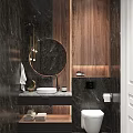 Stylish Luxury Bathroom Interior With Round Vanity Mirror Dark Marble Walls And Warm Wood Decor