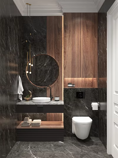 Stylish Luxury Bathroom Interior With Round Vanity Mirror Dark Marble Walls And Warm Wood Decor 3d model