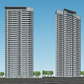 Three Modern High Rise Residential Towers With Glass Facades And Greenery