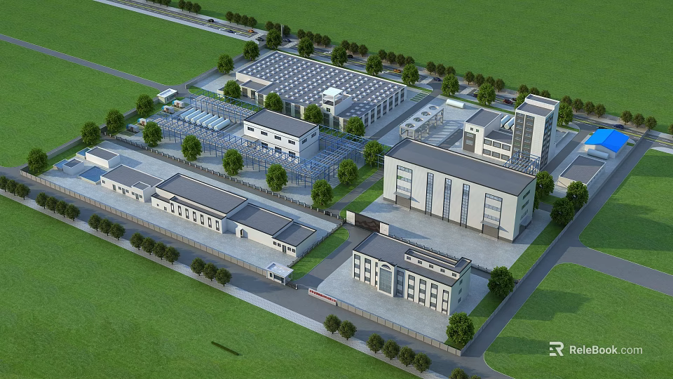 Modern Industrial Factory Complex Layout With Multiple Buildings Greenery And Facilities 3d model