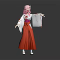 Game Movie Character With Pink Hair In Traditional White Top And Red Long Skirt