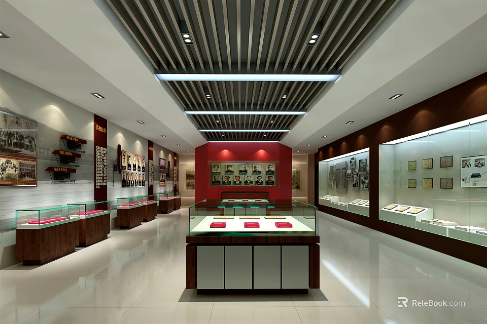 Spacious Bright Exhibition Hall With Glass Display Cases Exhibits Red Backdrop Wall And Striped Ceiling 3d model 