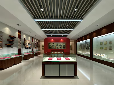 Spacious Bright Exhibition Hall With Glass Display Cases Exhibits Red Backdrop Wall And Striped Ceiling 3d model