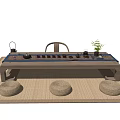 Traditional Wooden Tea Table with Stools Tatami Mat and Tea Sets 3d model