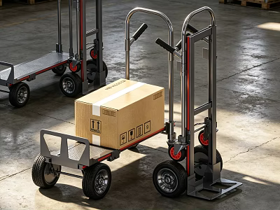 Heavy Duty Utility Cart with Cardboard Box in Industrial Warehouse Setting 3d model