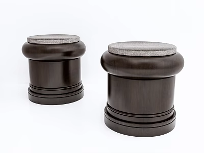 Two Dark Wooden Stools With Comfortable Gray Padded Seats And Modern Look 3d model