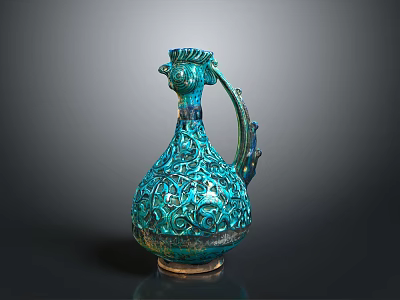 Turquoise Ceramic Sculpture Vessel With Intricate Carvings And Bird Head Design 3d model