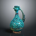 Turquoise Ceramic Sculpture Vessel With Intricate Carvings And Bird Head Design