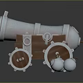 Vintage Cannon Weapon with Metal Barrel Wooden Carriage and Wheels and Cannonballs on Dark Background
