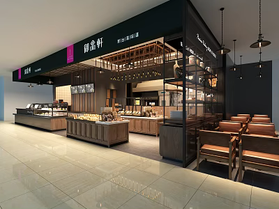 Modern Dessert Shop Interior With Glass Display Cases Wooden Counters And Seating Area 3d model