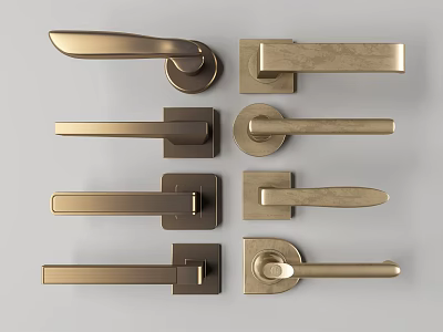 Modern Door Handles In Various Designs With Golden And Dark Brown Metal Finishes 3d model