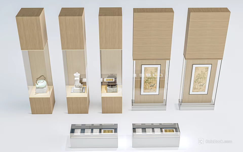 Wooden Display Shelves With Glass Sections Various Heights For Exhibiting Antiques And Artworks 3d model 