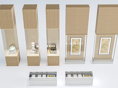 Wooden Display Shelves With Glass Sections Various Heights For Exhibiting Antiques And Artworks 3d model