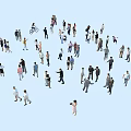 Group of People Walking and Cycling in Overhead View on Light Blue Background