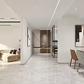 Modern Living and Dining Room Interior With Large TV Marble Accent Wall And Beige Sofa