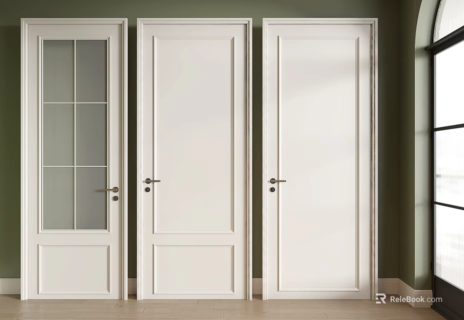 Three White Hinged Doors Featuring Glass Panel And Solid Design Against Green Wall 3d model