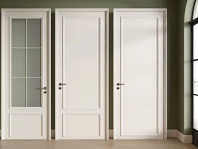 Three White Hinged Doors Featuring Glass Panel And Solid Design Against Green Wall 3d model