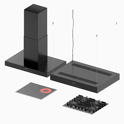 Sleek Black Kitchen Appliances With Range Hood Induction Cooktop And Pot Grid 3d model