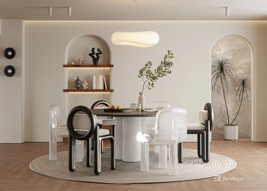 Modern Restaurant Interior With Round Dining Table Transparent Black Chairs Pendant Light And Decor Shelves 3d model 