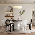 Modern Restaurant Interior With Round Dining Table Transparent Black Chairs Pendant Light And Decor Shelves