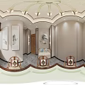 Modern Chinese Teahouse Corridor With Decorative Paintings Marble Floor And Wooden Elements
