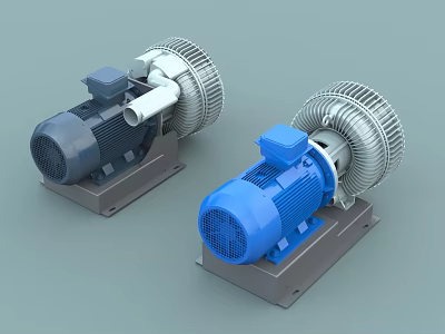 High Pressure Industrial Blowers with Blue Gray Motors Mounted on Metal Bases 3d model