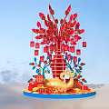 Vibrant Red Tree Decoration With Roses Envelopes And Gold Patterns Against Blue Sky