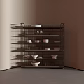 Minimalist Wire Storage Shelf With Multiple Tiers Holding Bowls Plates And Woven Baskets