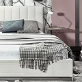 Double Bed with Leaf Pattern Wallpaper Pink Walls Modern Chandelier Gray Armchair and Soft Linens