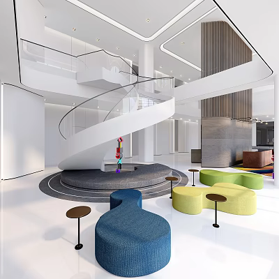 Modern Front Desk Reception Area With Spiral Staircase Colorful Seats And Open Space Design 3d model