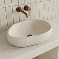 Minimalist Bathroom Vanity With Stone Countertop Round Wooden Frame Mirror And Faucet Storage Compartments