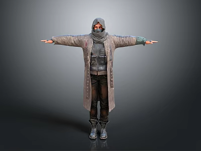 Man In Long Hooded Coat With Mask Standing Arms Outstretched And Boots 3d model