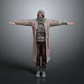 Man In Long Hooded Coat With Mask Standing Arms Outstretched And Boots